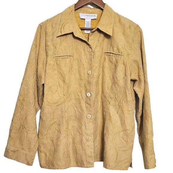 VTG Sag Harbor Faux Suede Button Shirt Size 14P Golden Yellow Embroidered Womens - Picture 1 of 11